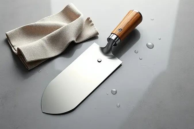 Renderização 3D conceitual de colher de pedreiro sendo limpa com pano e água em composição minimalista