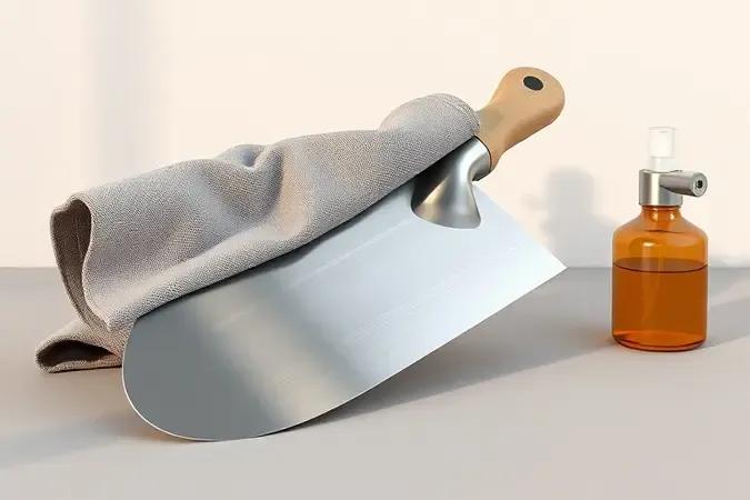 Colher de pedreiro sendo limpa com pano de microfibra ao lado de borrifador âmbar em cena minimalista de cuidados renderizada em 3D