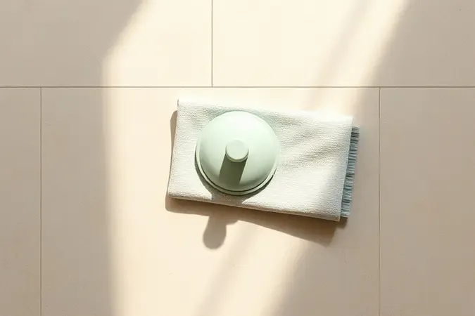 Ventosa de sucção sobre piso de porcelanato com pano de microfibra ao lado, representando rotina de cuidados e limpeza em renderização 3D.