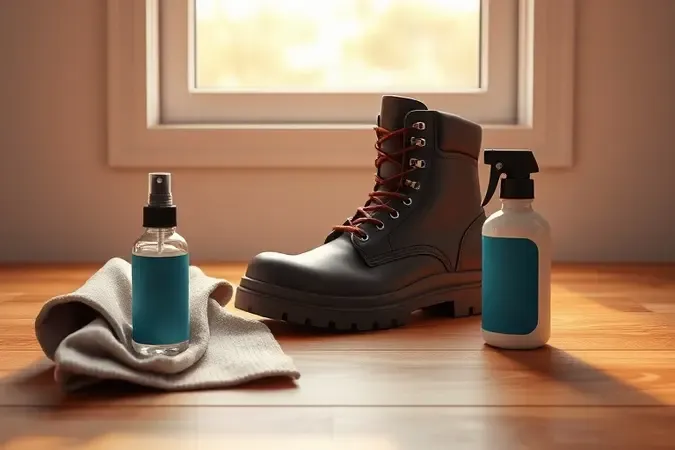 Bota de segurança com itens de cuidado e manutenção como pano e spray em composição minimalista 3D.