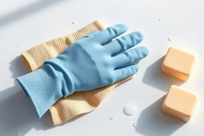 Manutenção e limpeza de luvas de trabalho em renderização 3D conceitual com pano macio e superfície limpa.