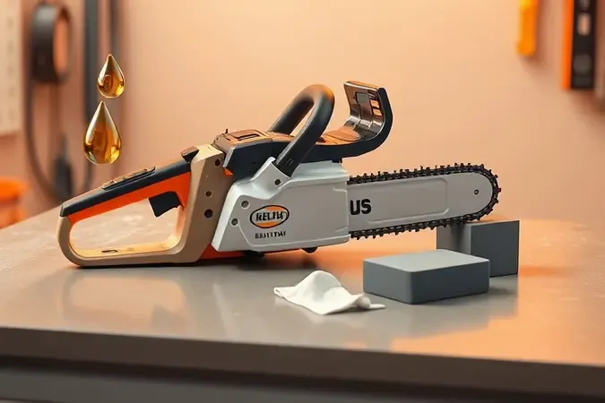 Motosserra a bateria conceitual com elementos abstratos de manutenção como lubrificação e limpeza em cena 3D.