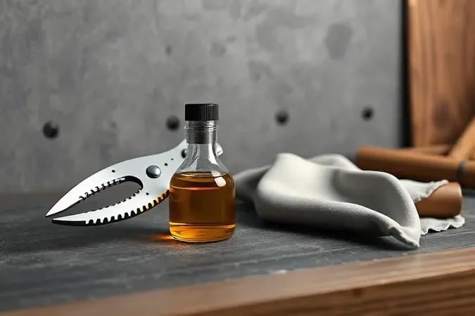 Cena conceitual 3D de manutenção de podador de galhos com frasco de óleo lubrificante e pano macio sobre superfície de oficina.