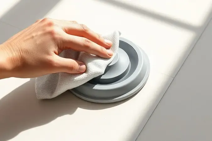 Renderização 3D mostrando limpeza e manutenção de ventosa de sucção com pano de microfibra sobre porcelanato.