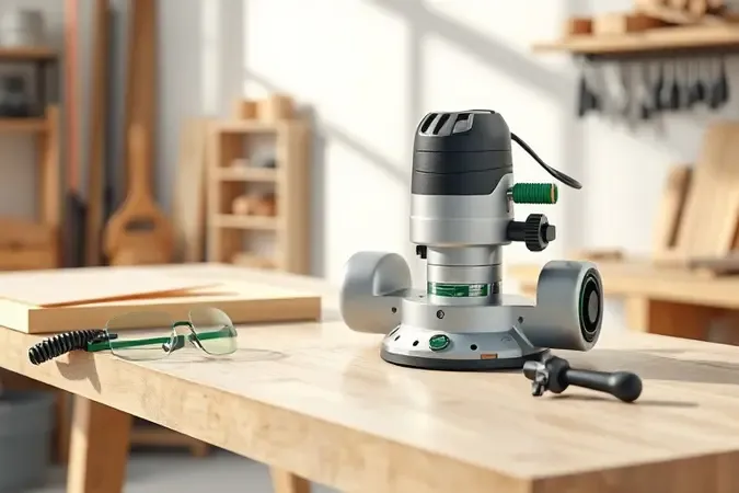 Render 3D conceitual de equipamentos de segurança em bancada de marcenaria com tupia e iluminação natural suave