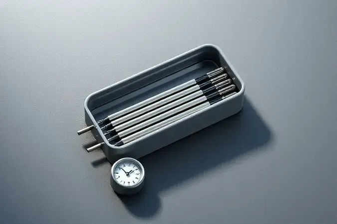 Eletrodos armazenados em recipiente selado com controle de umidade em render 3D conceitual.