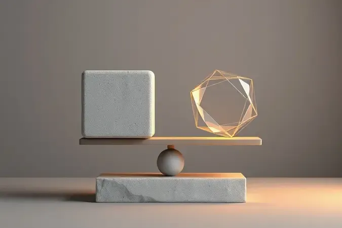 Balança conceitual 3D equilibrando cubo de concreto e aditivo químico simbolizando análise de custo-benefício