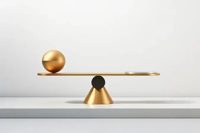 Render 3D conceitual de balança minimalista representando equilíbrio entre custo e benefício na escolha de ferramentas profissionais
