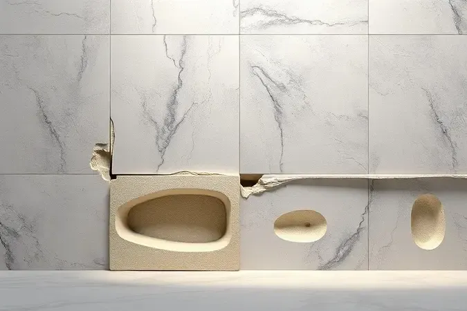 Problema conceitual em 3D mostrando descolamento de porcelanato por falha na aderência da argamassa com vazios e bolhas visíveis.
