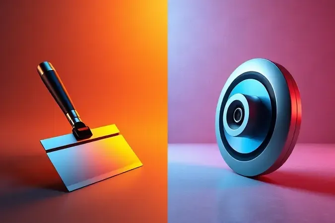 Comparação conceitual entre desempenadeira manual e elétrica em composição 3D dividida com iluminação contrastante.