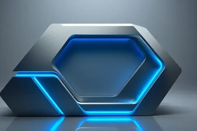 Render 3D conceitual de design moderno com formas geométricas elegantes, superfícies metálicas e iluminação tecnológica azul