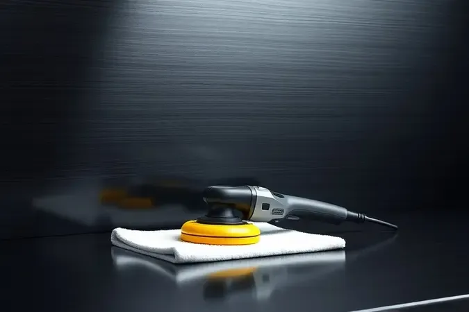 Ambiente conceitual de detalhamento automotivo com politriz sem marca sobre pano de microfibra ao lado de painel automotivo com reflexo.