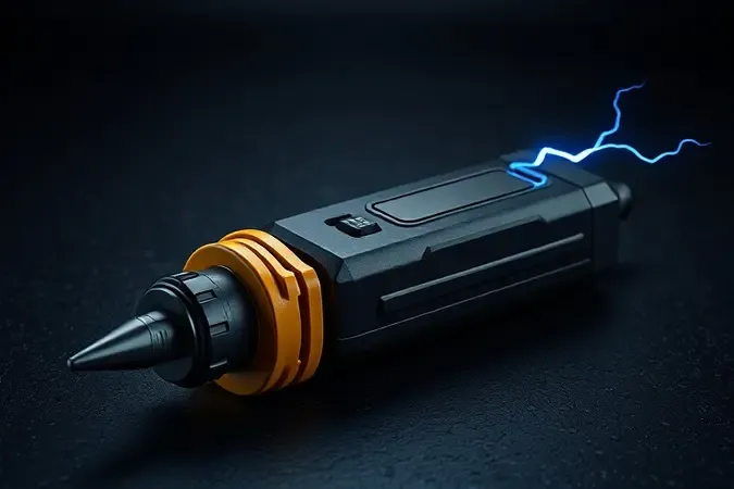 Renderização 3D de detector de alta tensão robusto com detalhes de arco elétrico azul para profissionais de potência industrial.