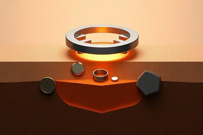 Render 3D conceitual mostrando detector de metais identificando objetos metálicos enterrados em corte transversal do solo.