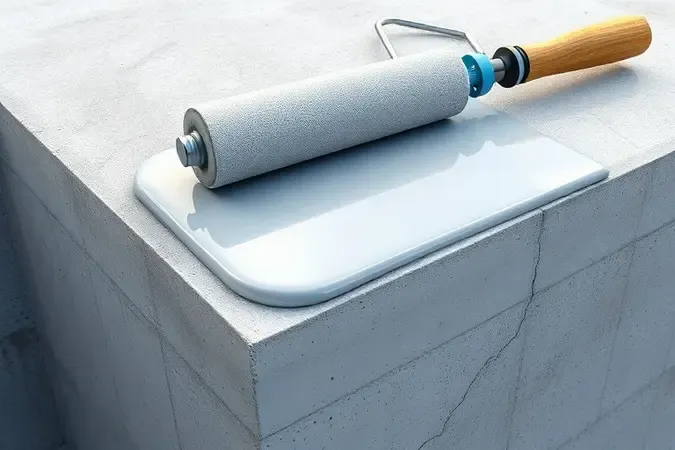 Render 3D mostrando aplicação perfeita de impermeabilizante em viga baldrame com rolo e cobertura uniforme.