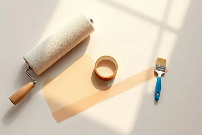 Ferramentas profissionais para aplicação de tinta em piso incluindo rolo, bandeja e fita crepe em composição limpa e organizada.