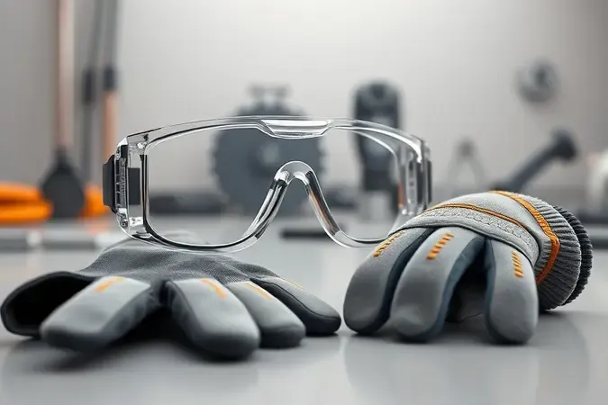 Render 3D conceitual de equipamentos de segurança como óculos de proteção e luvas ao lado de disco de corte em bancada.