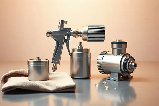 Componentes de máquina airless para manutenção dispostos em bancada limpa em render 3D conceitual.