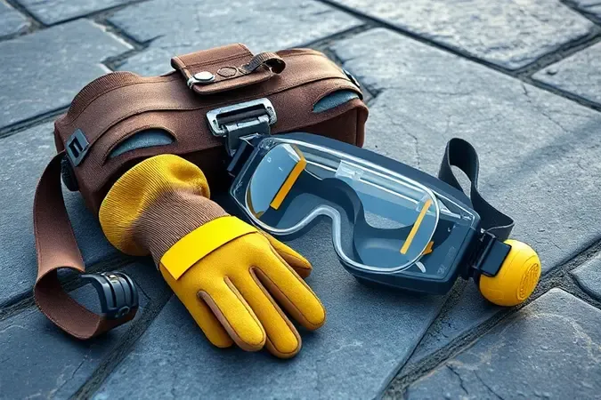 Equipamentos de segurança e manutenção em renderização 3D para uso de ferramentas elétricas.