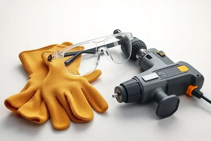 Equipamentos de segurança para furadeira como óculos e luvas em cena conceitual 3D minimalista