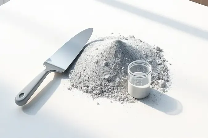 Ferramentas e materiais para uso eficiente de cimento em composição minimalista com renderização 3D e iluminação suave.