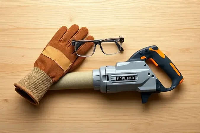Dicas de segurança para serra sabre com luvas de proteção, óculos e ferramenta em renderização conceitual profissional.