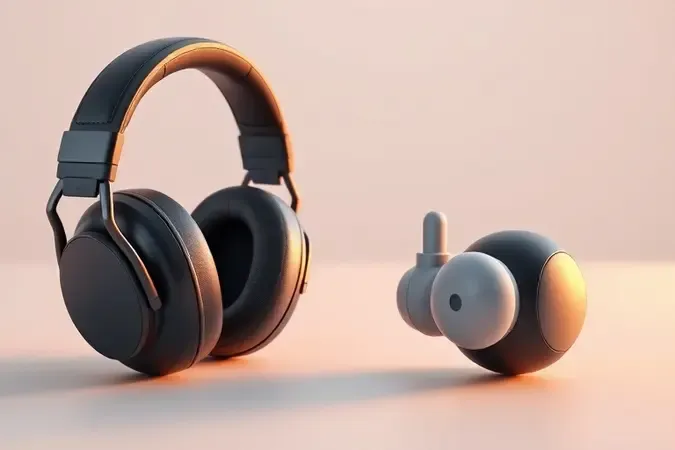 Comparação conceitual 3D entre abafador auricular externo e protetor intra-auricular genéricos lado a lado.