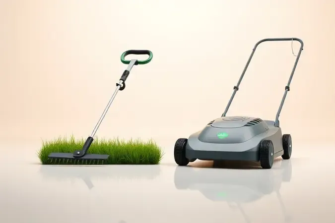 Comparação conceitual em 3D entre aparador de grama vertical e cortador de grama horizontal lado a lado com iluminação profissional