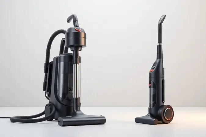Comparação entre aspirador doméstico e aspirador automotivo portátil lado a lado.