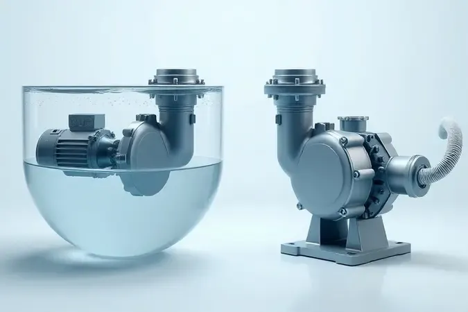Comparação conceitual 3D entre bomba submersa dentro da água e bomba externa com mangueira de sucção.