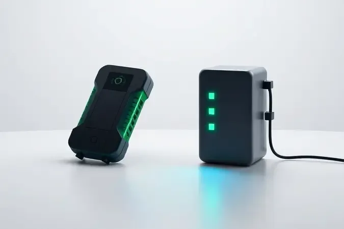 Render 3D conceitual mostrando diferença entre booster de arranque e carregador de bateria