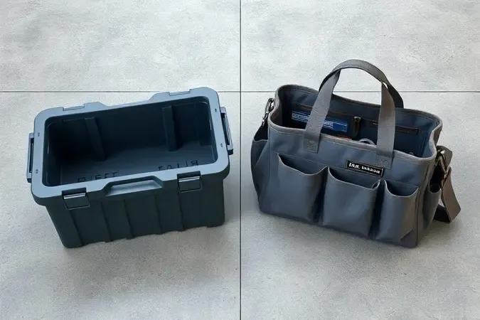 Comparação conceitual lado a lado entre caixa rígida e bolsa flexível para ferramentas em render 3D