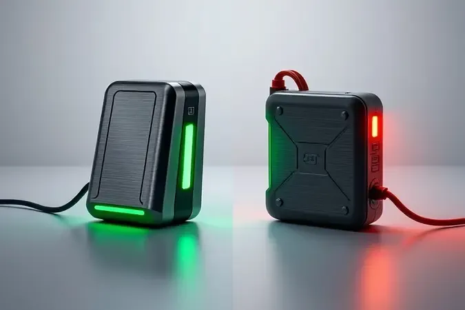 Comparação conceitual 3D entre carregador de bateria automotiva e booster de partida