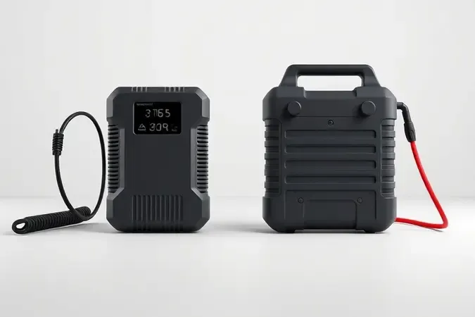 Comparação conceitual 3D entre carregador de bateria automotivo e booster de partida portátil lado a lado.