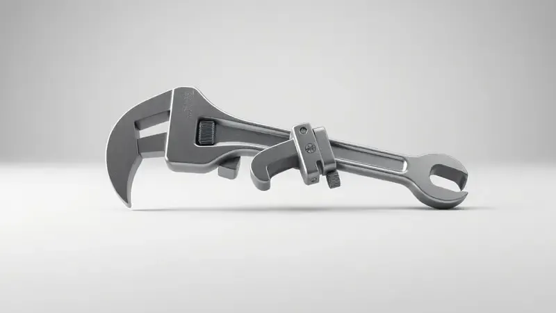 Comparação visual entre chave grifo e chave inglesa em renderização 3D, destacando diferenças nos mordentes.