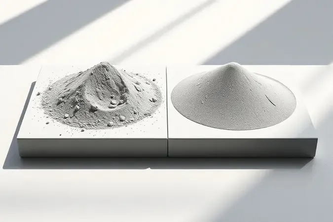 Comparação lado a lado entre amostras de cimento CP2 e CP3 destacando diferenças de textura e granulometria em render 3D.