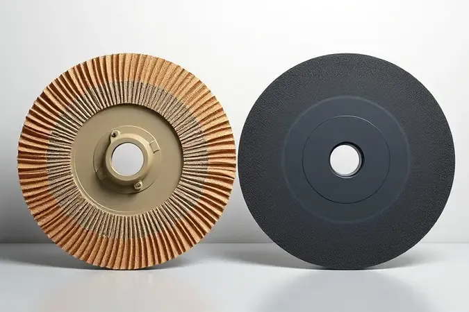 Comparação visual em 3D entre disco flap com camadas sobrepostas e disco de desbaste sólido lado a lado.