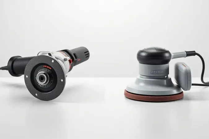 Renderização 3D comparativa entre esmerilhadeira angular e lixadeira orbital genéricas lado a lado em composição minimalista