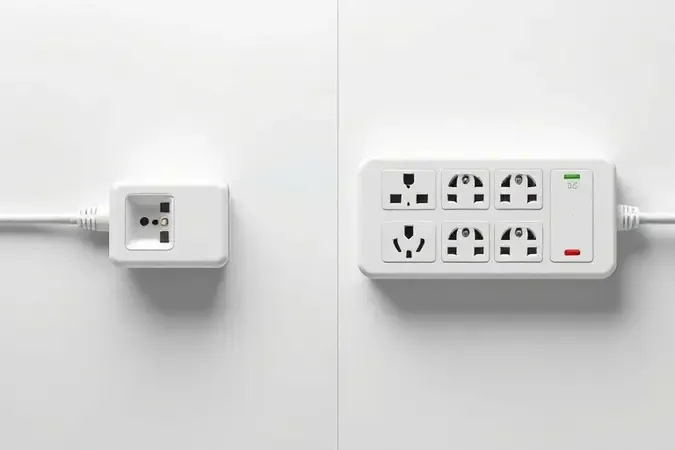 Comparação visual conceitual em render 3D entre extensão elétrica simples e filtro de linha com múltiplas tomadas lado a lado.