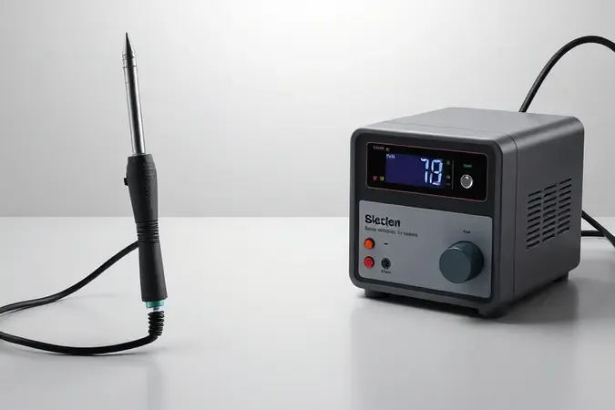 Comparação visual entre ferro de solda comum e estação de solda com display digital em render 3D.