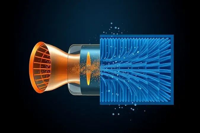 Comparação conceitual 3D entre filtro ciclone e filtro HEPA mostrando fluxo de ar e retenção de partículas