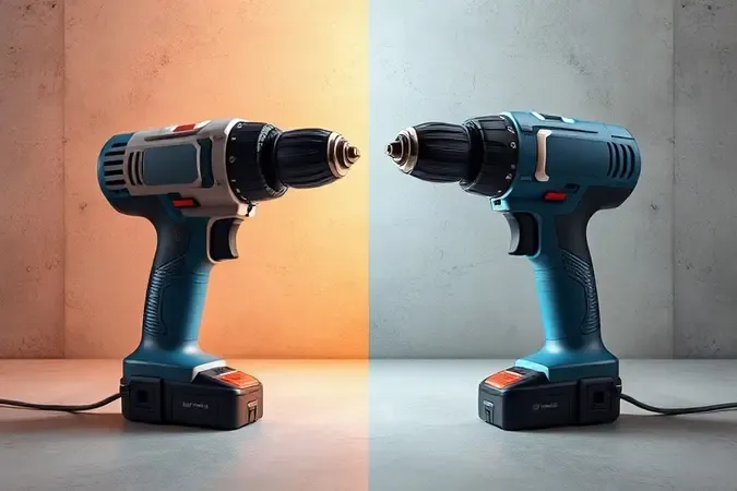 Comparação conceitual 3D entre furadeira de impacto e parafusadeira lado a lado em composição minimalista com iluminação dividida.