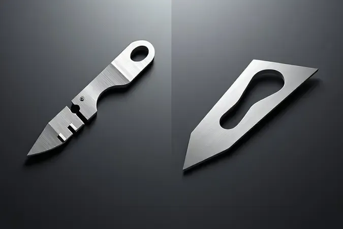 Comparação 3D conceitual entre geometria de lâmina quebrável de 18mm e lâmina trapezoidal de estilete.
