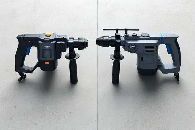 Render 3D comparando silhuetas de martelete perfurador e rompedor lado a lado sobre superfície de concreto limpa