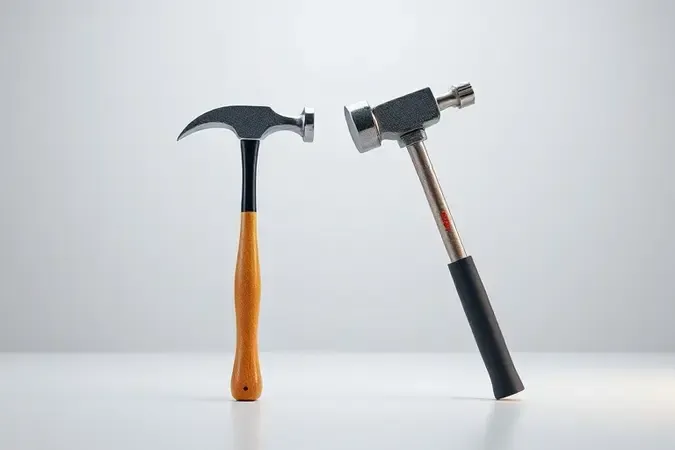 Comparação conceitual 3D entre um martelo e uma marreta destacando as diferenças de tamanho e formato das cabeças.