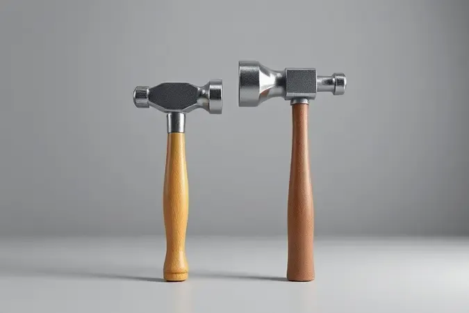 Comparação conceitual 3D entre martelo e marreta lado a lado em superfície limpa com iluminação profissional.