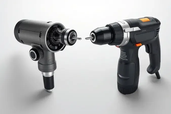 Comparação conceitual 3D entre o mecanismo interno de uma furadeira comum e uma furadeira de impacto, destacando o sistema de martelo e bigorna.
