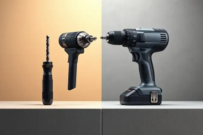 Comparação conceitual lado a lado entre parafusadeira e furadeira em renderização 3D com fundo dividido.