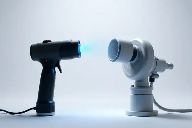 Comparação conceitual entre pistola de pintura elétrica e a ar direto em renderização 3D com iluminação dividida.