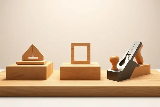 Comparação conceitual 3D entre plaina desengrossadeira, desempenadeira e plaina manual com superfícies de madeira